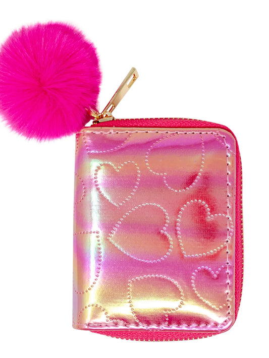 Shiny Dotted Heart Wallet - Hot Pink