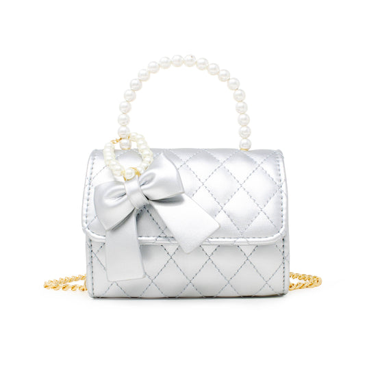 Quilted Pearl Handle Bow Ribbon Handbag | Silver