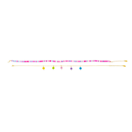 Girl's Colorful Disk Necklace & Charm Duo - Happy Faces