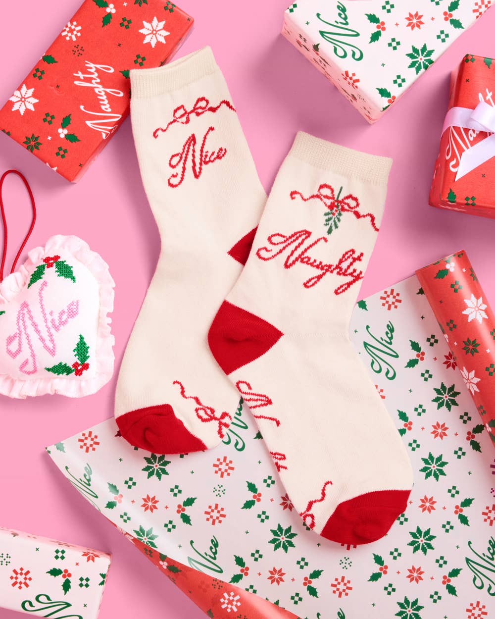 Naughty & Nice Knit Socks – Cream + Red Holiday Crew Socks