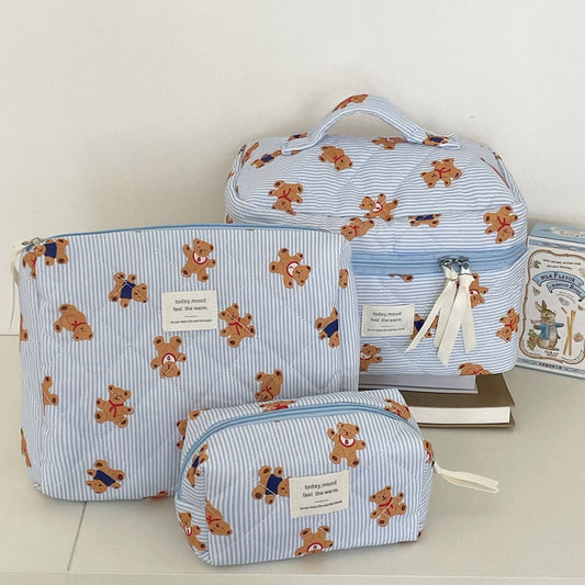Cute Bear Print Striped Train Case – Blue | Large