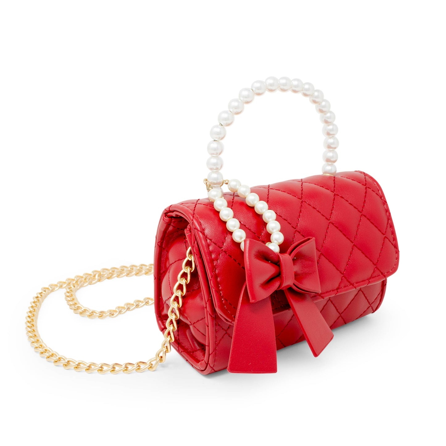 Quilted Pearl Handle Bow Ribbon Handbag | Red