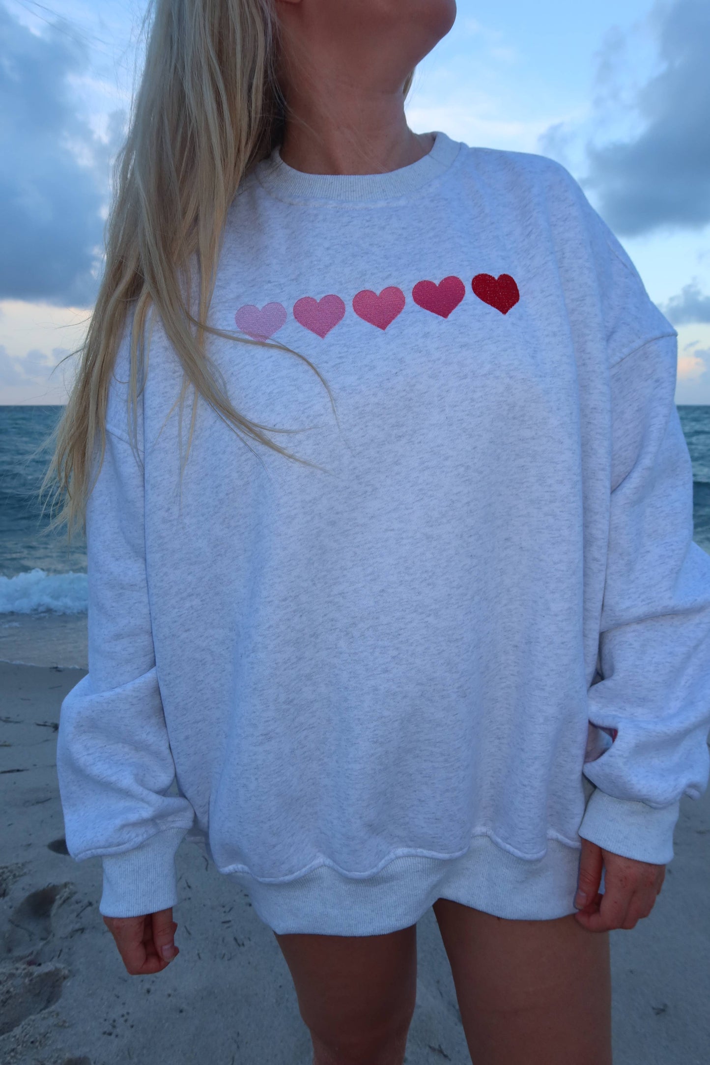 Sunkissed Coconut Ombre Hearts Embroidered Sweatshirt |  Pearl Grey