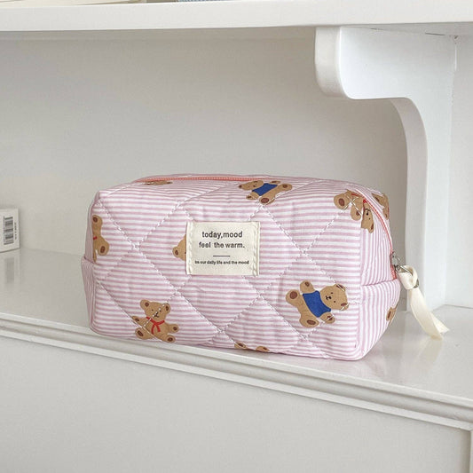 Cute Bear Print Striped Makeup Bag – Pink / Small
