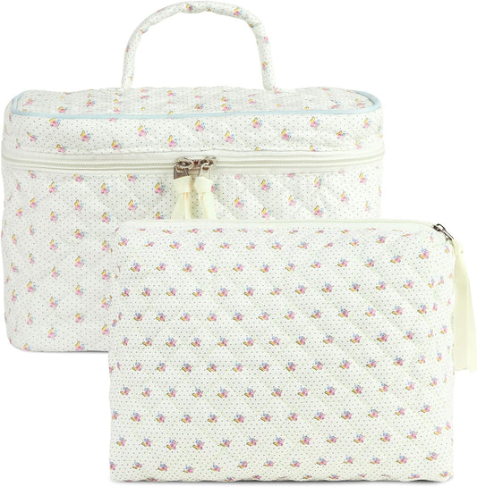 Two Piece Quilted Cotton Cosmetic Set | Floral Dot