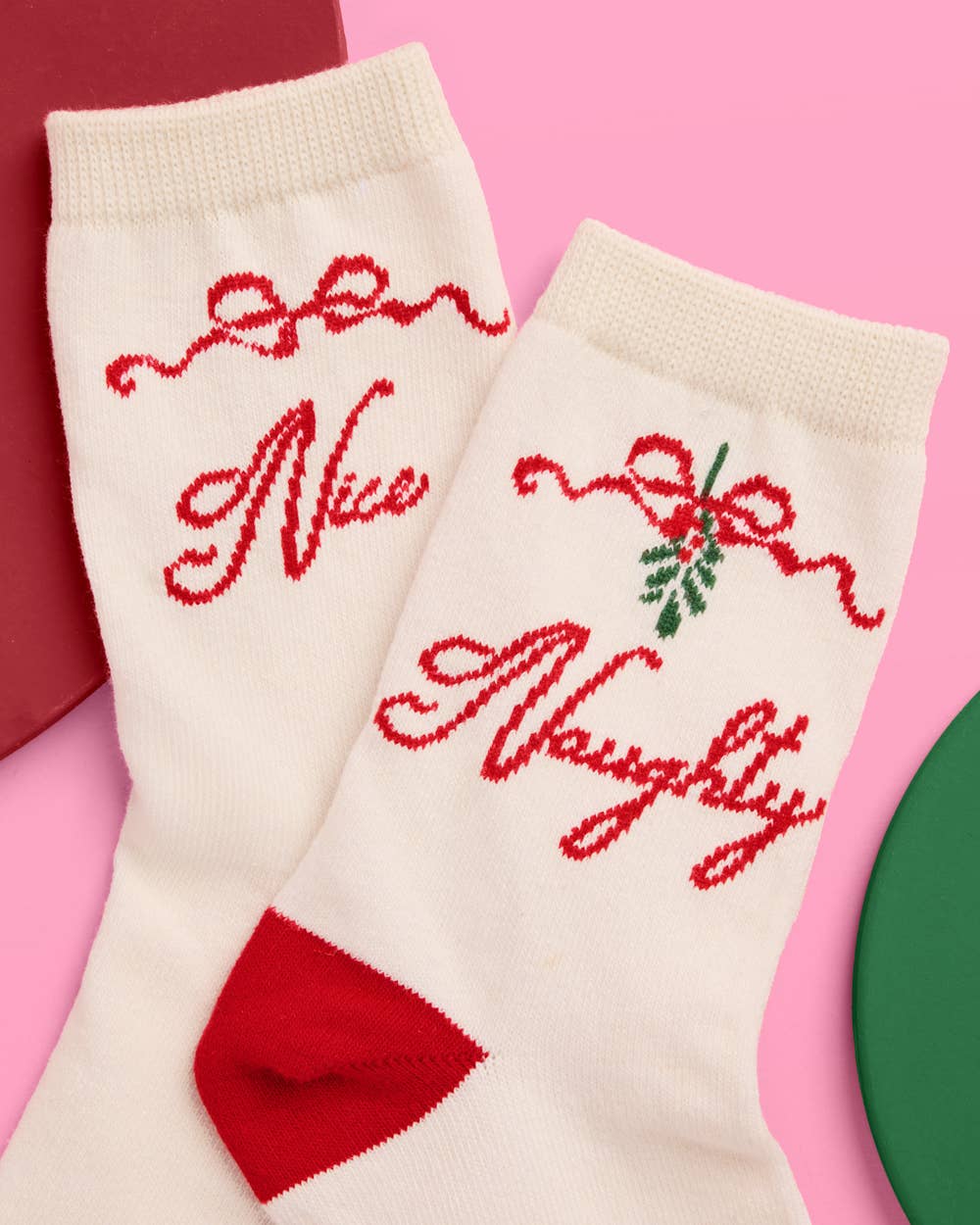Naughty & Nice Knit Socks – Cream + Red Holiday Crew Socks