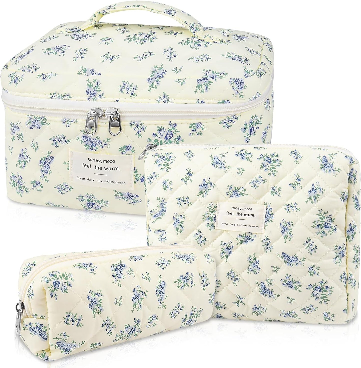 Three Piece Quilted Cotton Cosmetic Set | Blue Floral