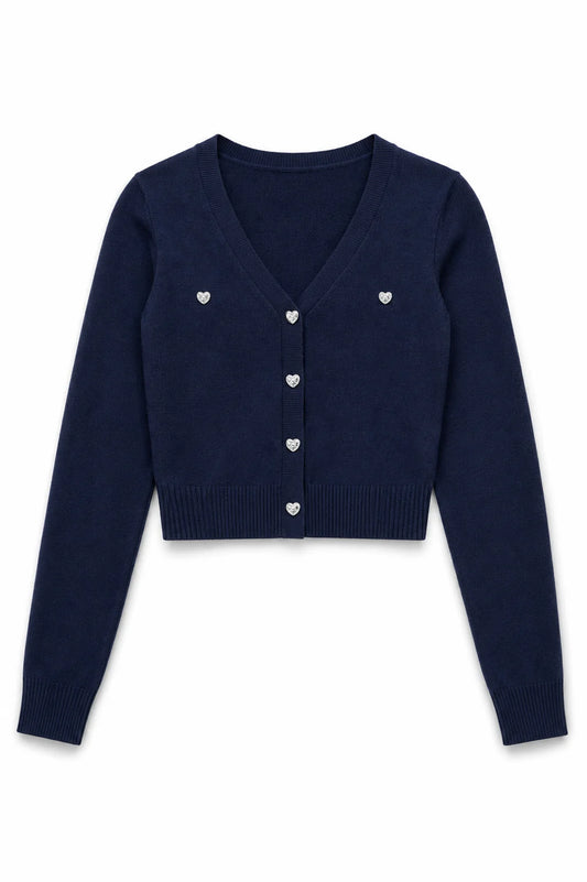 THEME NYC Mickey Lighter Navy With Heart Diamond Buttons Sweater Cardigan