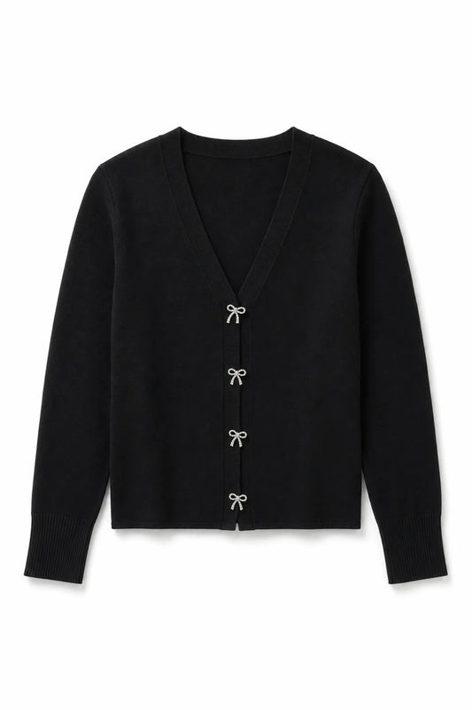THEME NYC Mickey Black With Bow Buttons Sweater Cardigan