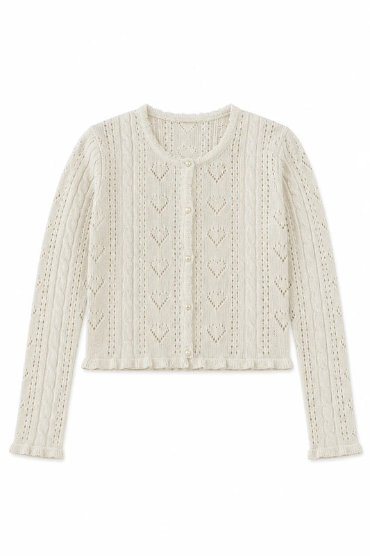THEME NYC Ayla Pointelle Knit Hearts Cardigan | Creamy White