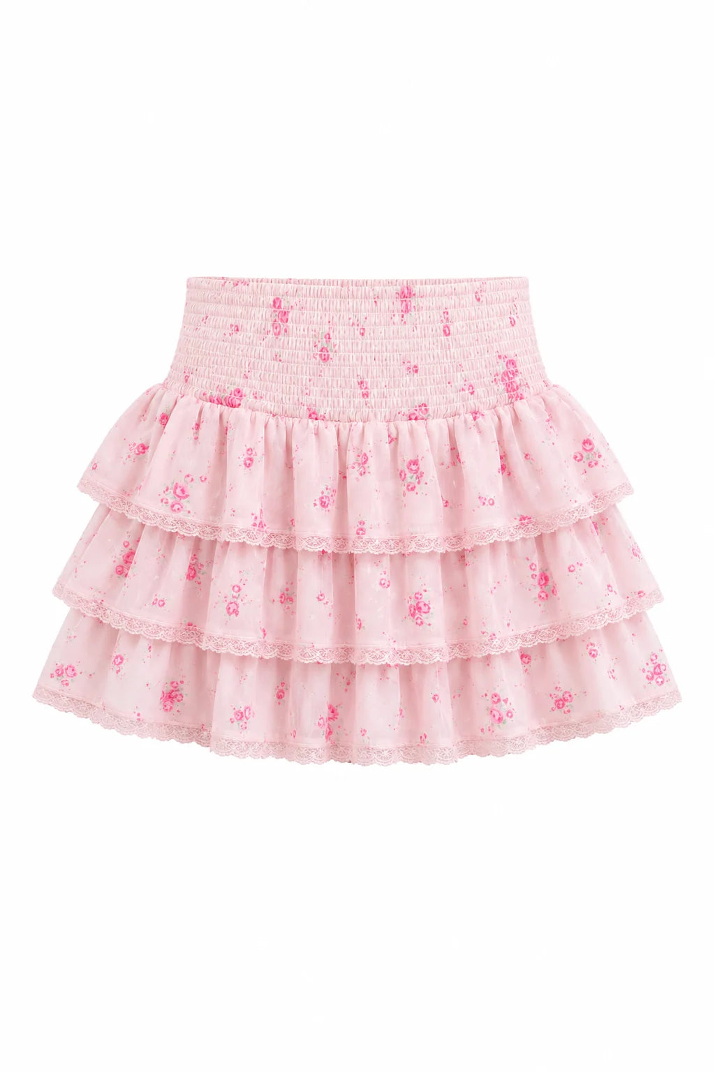 THEME NYC Gemma Vintage Rose Ballet Pink With Pink Lace Satin Smocked Ruffle Mini Skirt