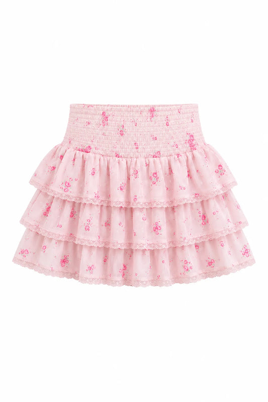 THEME NYC Gemma Vintage Rose Ballet Pink With Pink Lace Satin Smocked Ruffle Mini Skirt
