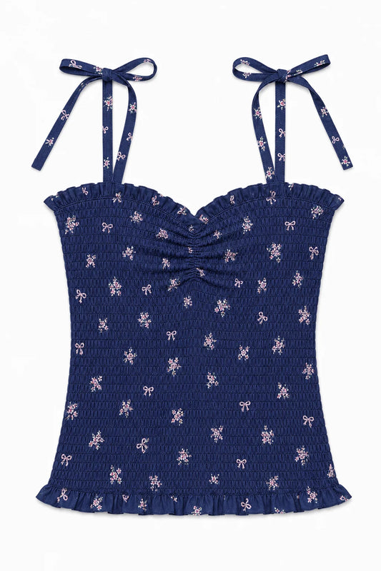 THEME NYC Georgia Rose Bow Navy Satin Smocked Top