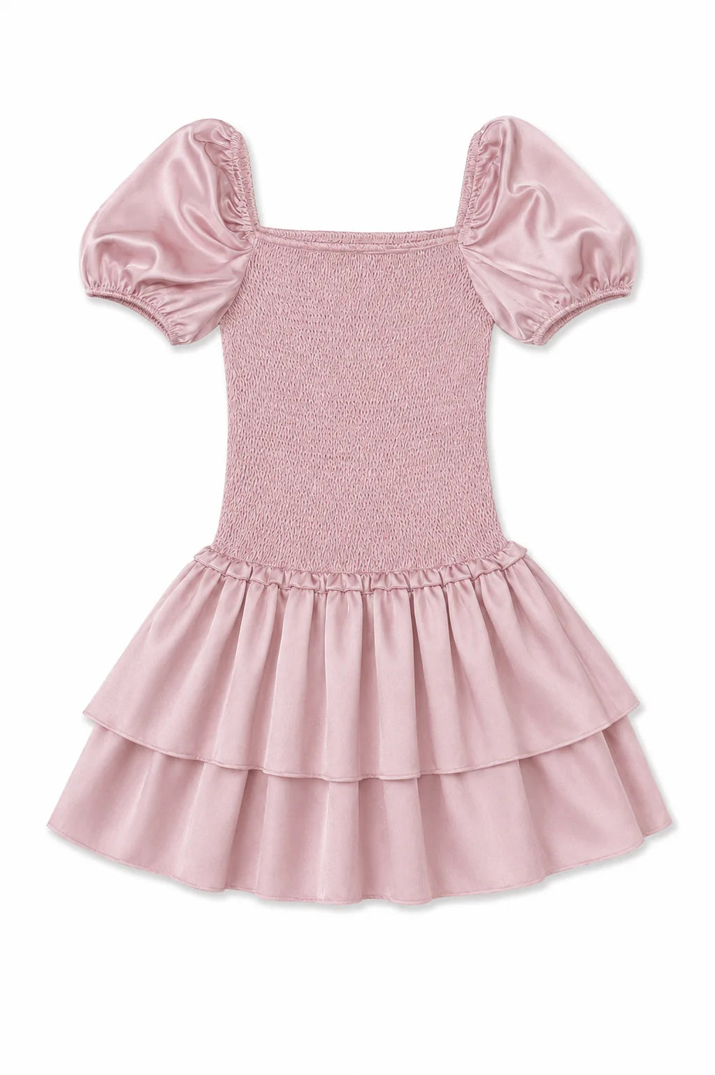 THEME NYC Lexi Mauve Satin Smocked Short Sleeve Ruffle Dress
