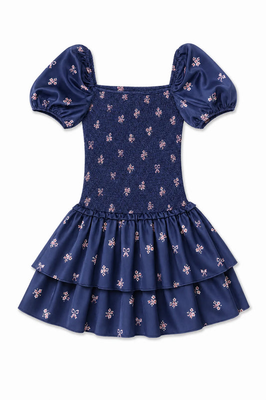 THEME NYC Lexi Rose Bow Navy Satin Smocked Short Sleeve Ruffle Dress
