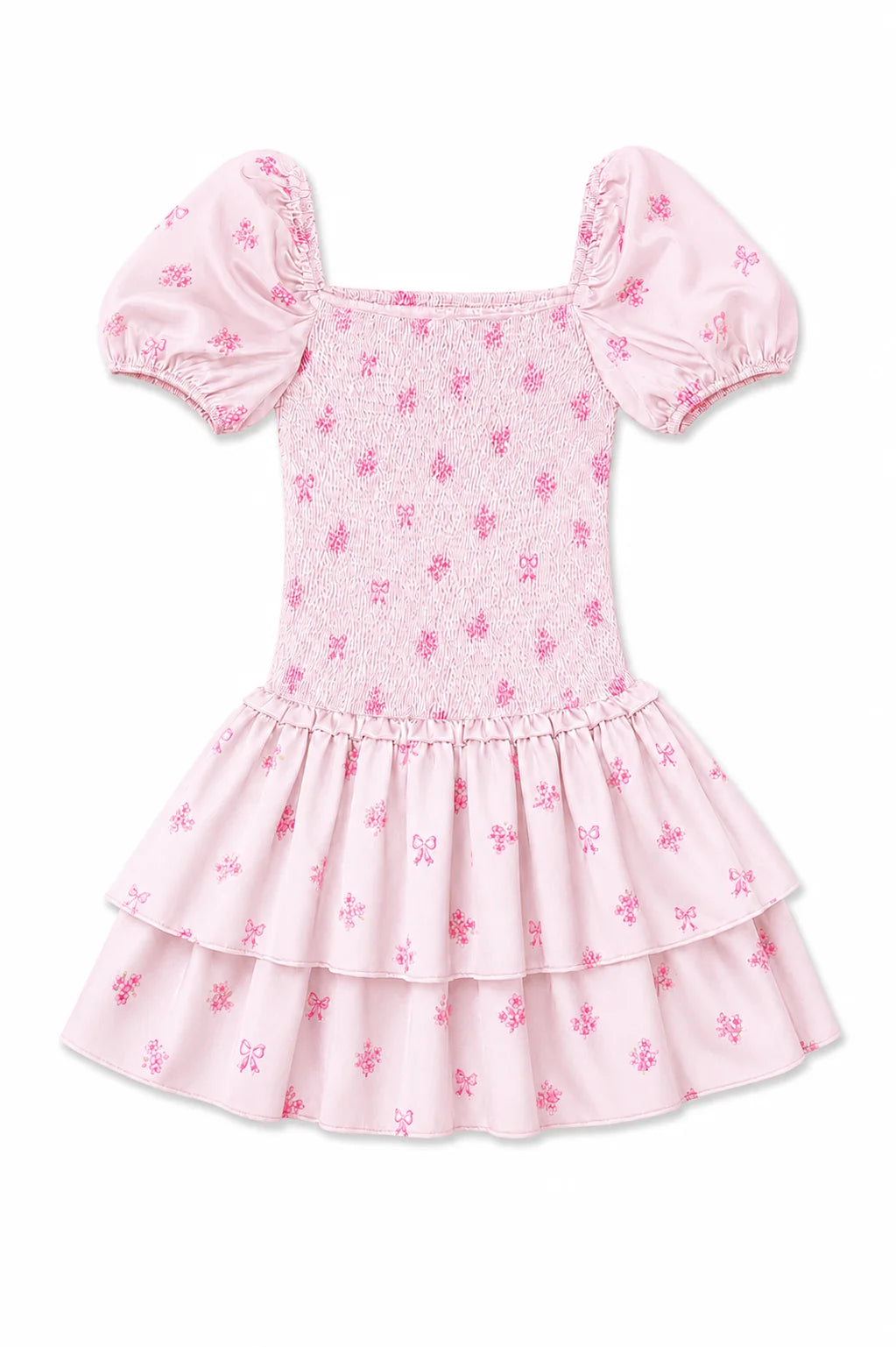 THEME NYC Lexi Vintage Rose Ballet Pink Satin Smocked Short Sleeve Ruffle Dress