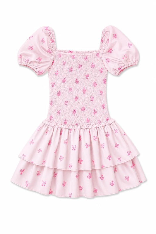 THEME NYC Lexi Vintage Rose Ballet Pink Satin Smocked Short Sleeve Ruffle Dress