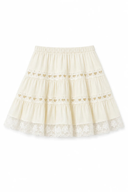 THEME NYC Sophia Cream Cotton Lace Heart Bow Lace Mini Skirt
