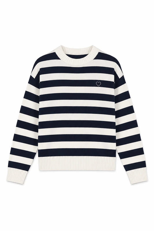 THEME NYC Tiegan Navy & White Stripe Heart Sweater