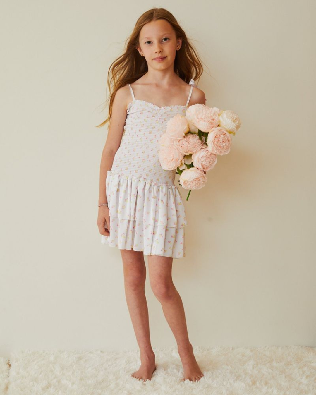 Theme NYC Lola White with Ditsy Yellow Floral Satin Smocked Ruffle Dress