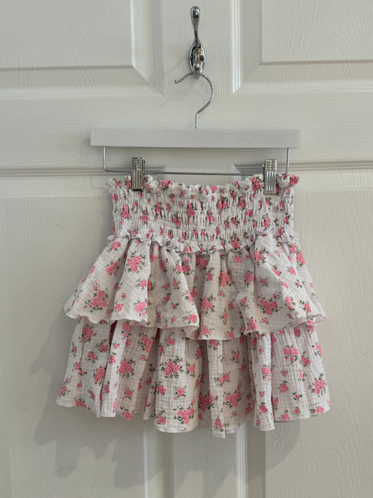 FBZ Flowers by Zoe Cotton Gauze Tiered Skirt | White-Pink Florals