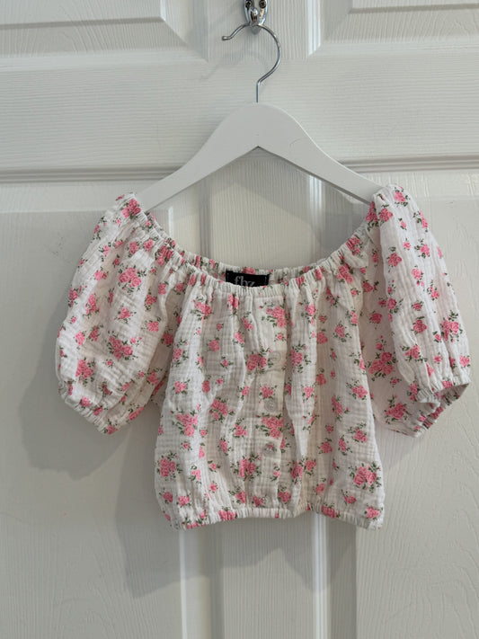 FBZ Flowers by Zoe Cotton Gauze Puff Sleeve Buttoned Top | White-Pink Florals