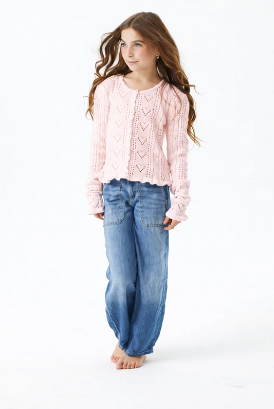 THEME NYC Ayla Pointelle Knit Hearts Cardigan | Ballet Pink