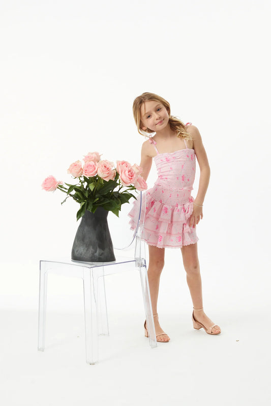 THEME NYC Gemma Vintage Rose Ballet Pink With Pink Lace Satin Smocked Ruffle Mini Skirt
