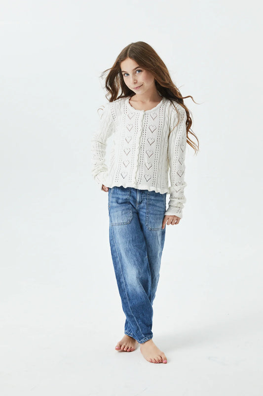 THEME NYC Ayla Pointelle Knit Hearts Cardigan | Creamy White