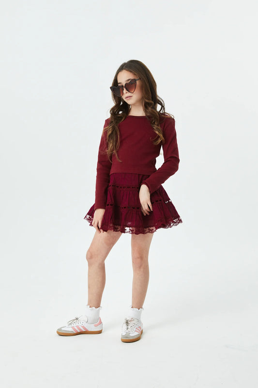 THEME NYC Sophia Merlot Heart & Lace Mini Skirt