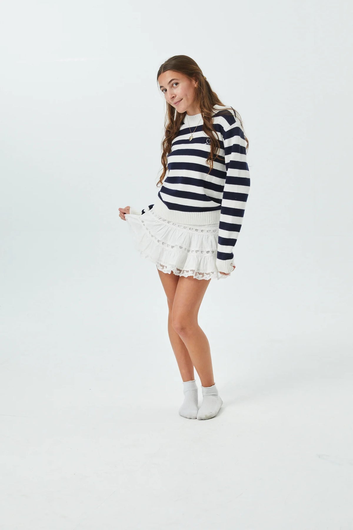 THEME NYC Tiegan Navy & White Stripe Heart Sweater