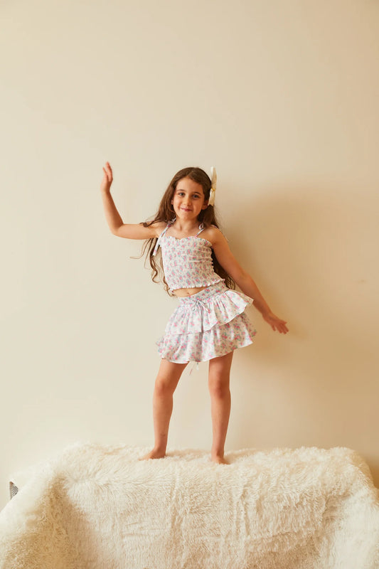 Theme NYC Georgia Romantic Rose White With Pink Satin Smocked Top