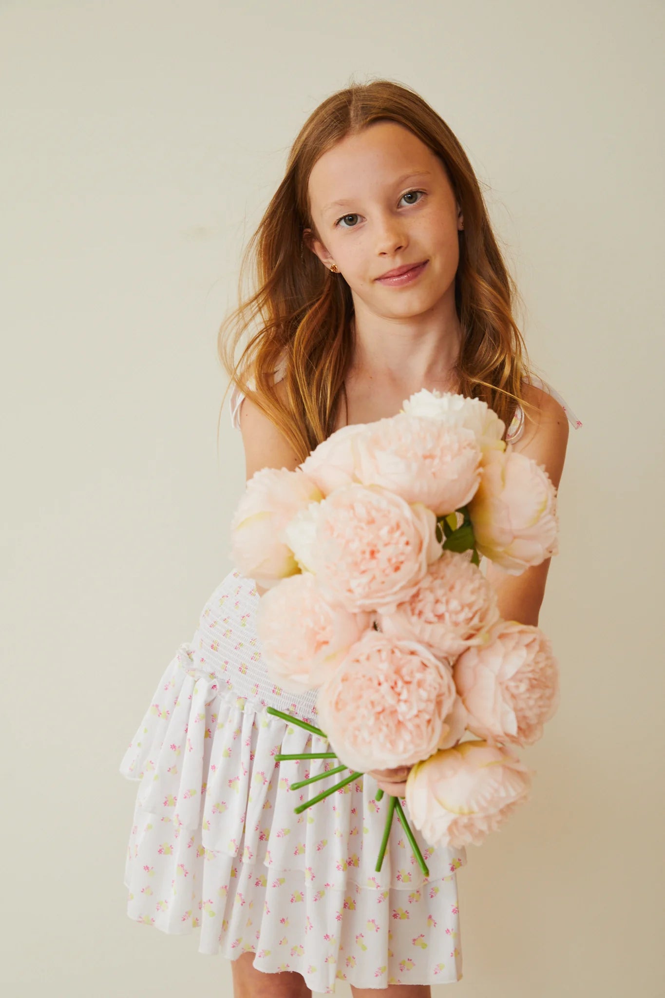 Theme NYC Lola White with Pastel Yellow Ditsy Satin Smocked Ruffle Dress