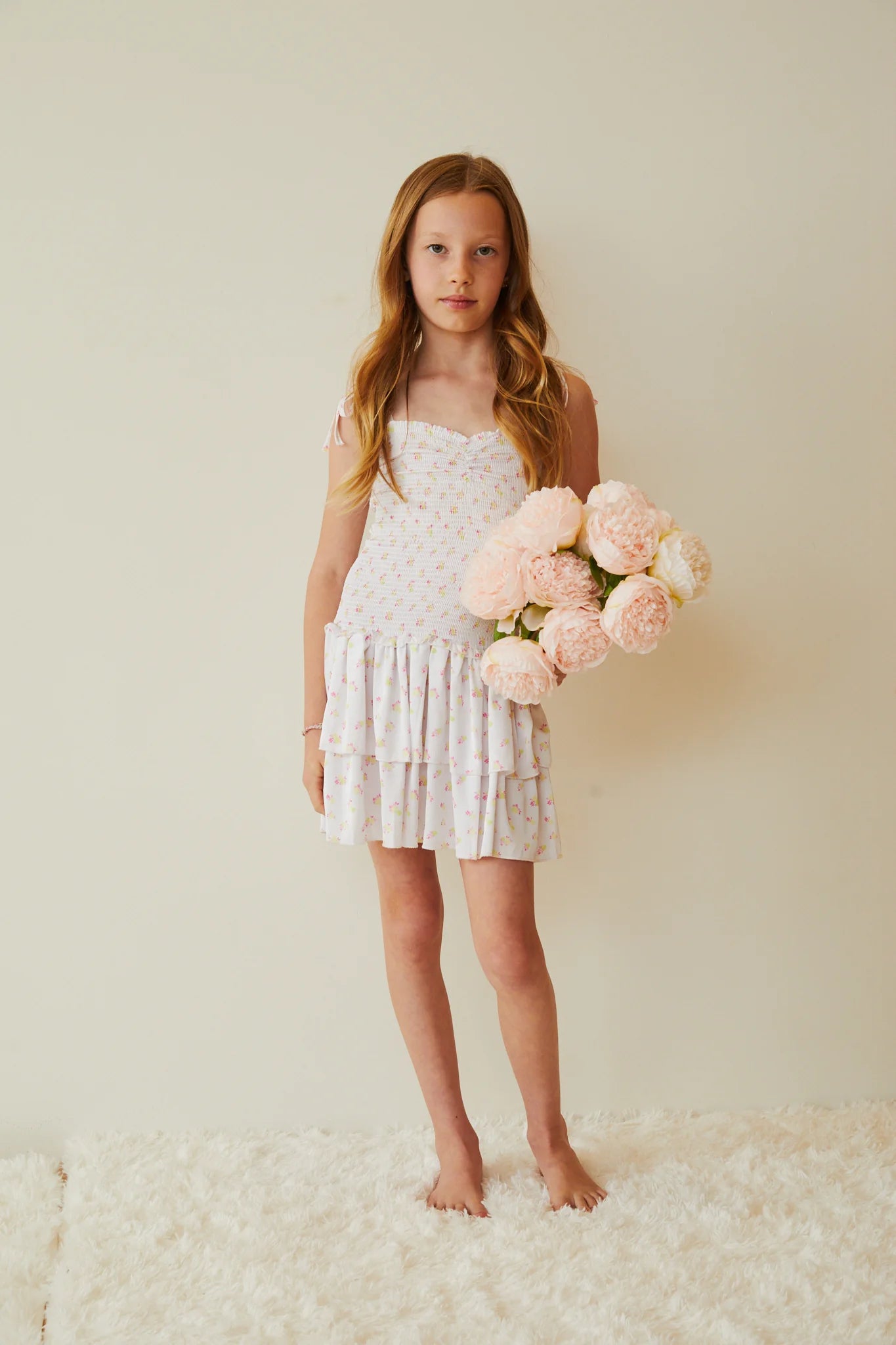 Theme NYC Lola White with Pastel Yellow Ditsy Satin Smocked Ruffle Dress