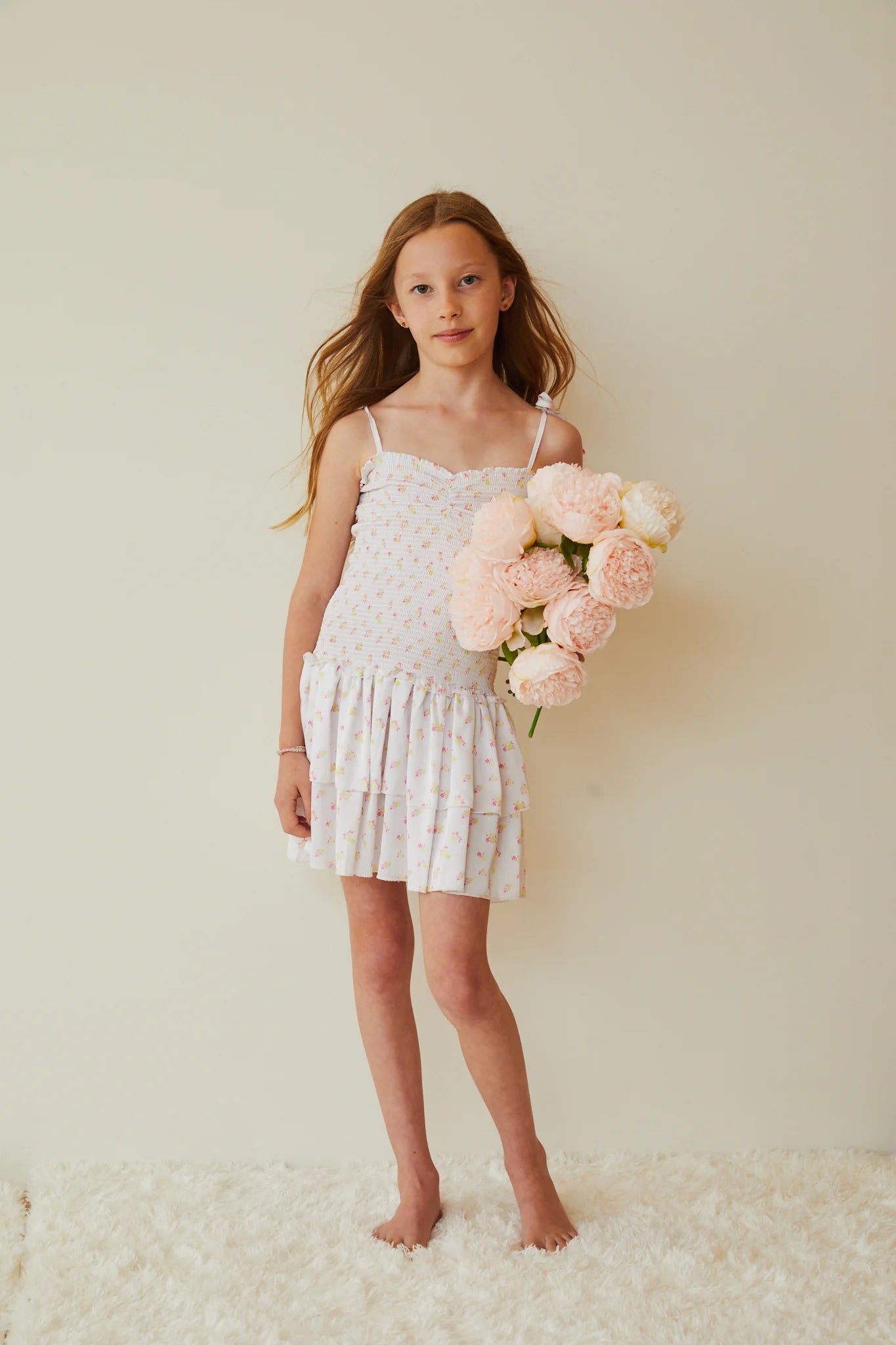 Theme NYC Lola White with Pastel Yellow Ditsy Satin Smocked Ruffle Dress