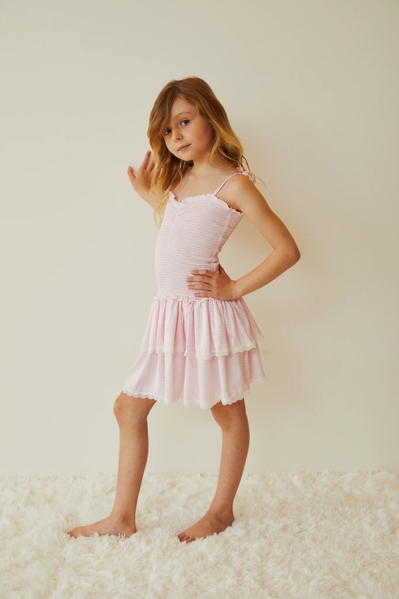 Theme NYC Lola Pink & White Gingham Hearts Satin Smocked Ruffle Dress