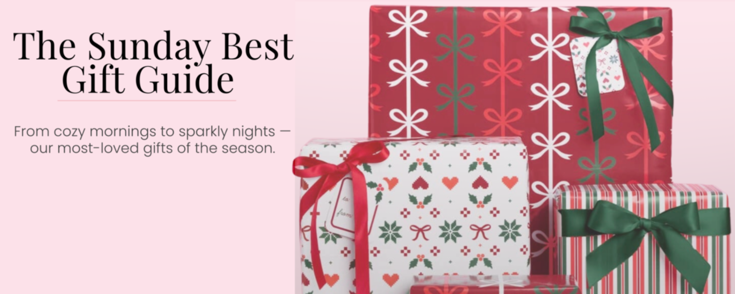 Gift guide with wrapped presents on a pink background