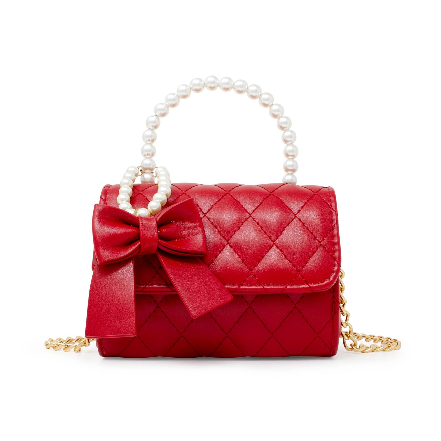 Quilted Pearl Handle Bow Ribbon Handbag | Red