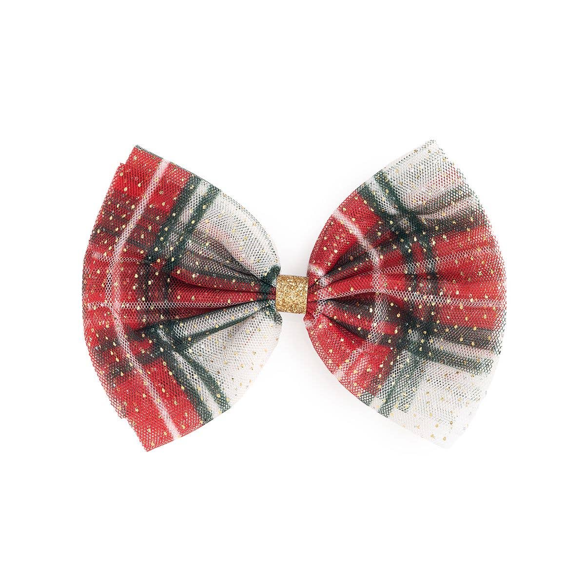 Christmas Plaid Tulle Bow Clip - Kids Holiday Hair Clip