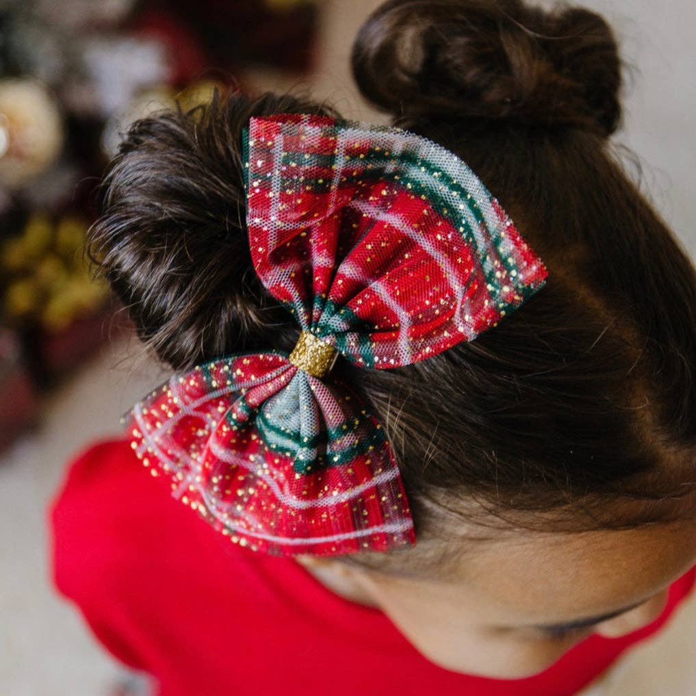 Christmas Plaid Tulle Bow Clip - Kids Holiday Hair Clip