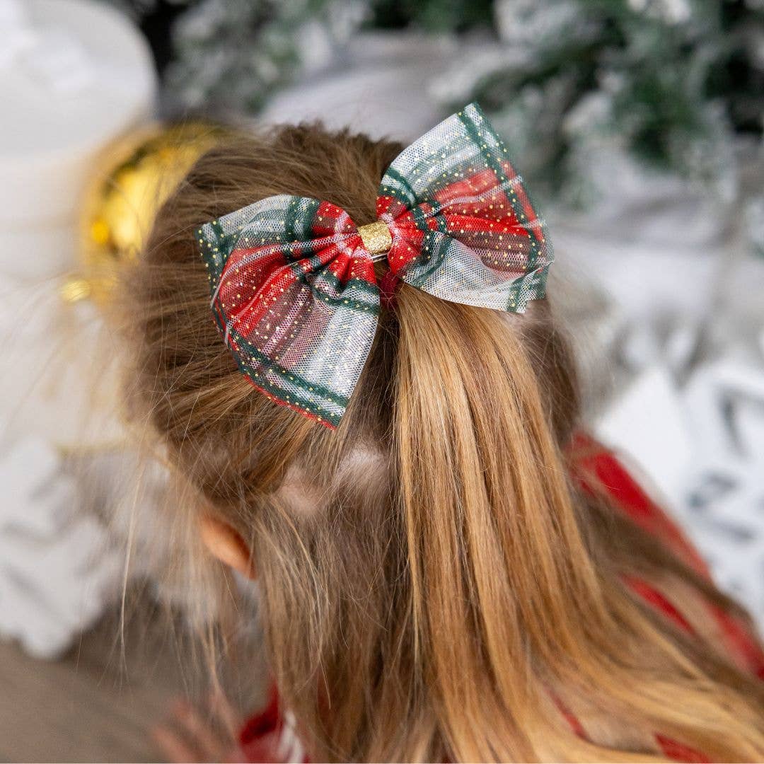 Christmas Plaid Tulle Bow Clip - Kids Holiday Hair Clip