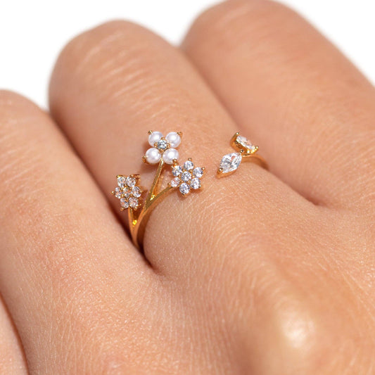 Wispy Adjustable Ring — 18K Gold Plated Pearl & CZ Floral Design