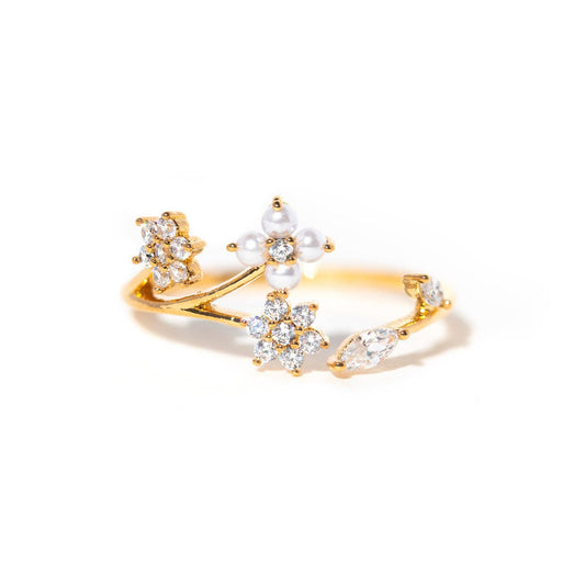 Wispy Adjustable Ring — 18K Gold Plated Pearl & CZ Floral Design