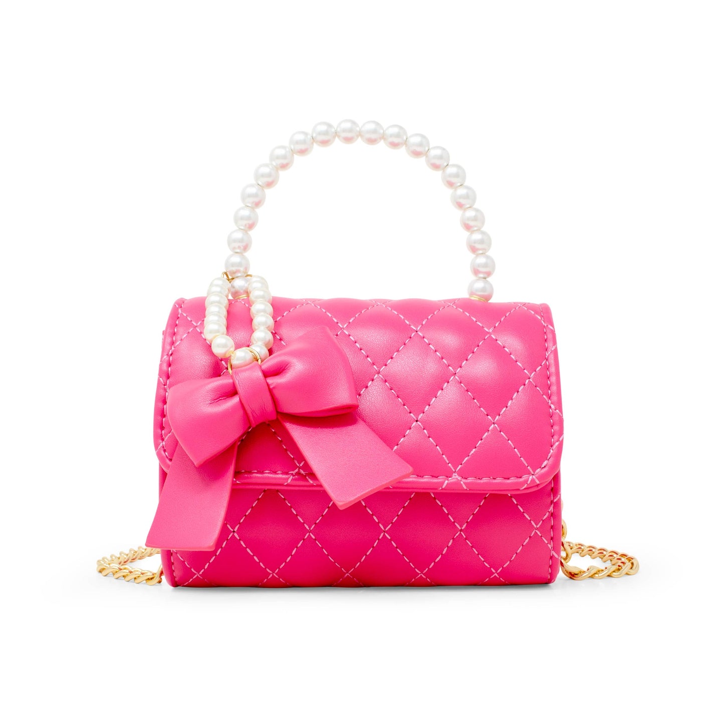 Quilted Pearl Handle Bow Ribbon Handbag | Hot Pink