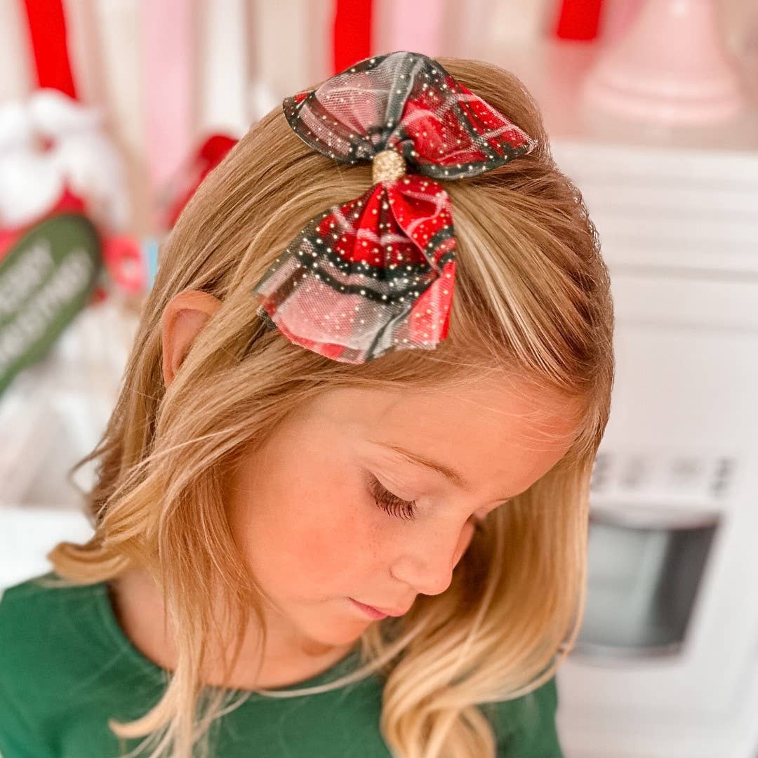 Christmas Plaid Tulle Bow Clip - Kids Holiday Hair Clip