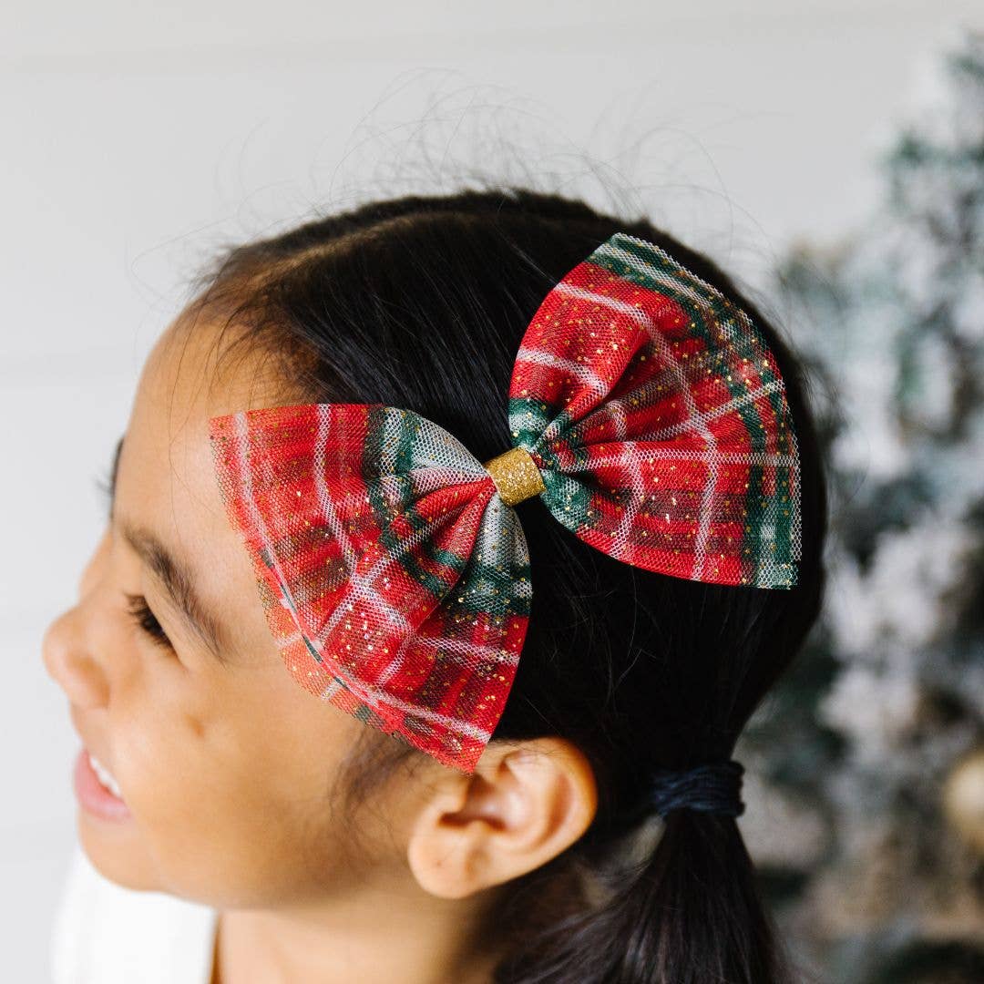 Christmas Plaid Tulle Bow Clip - Kids Holiday Hair Clip