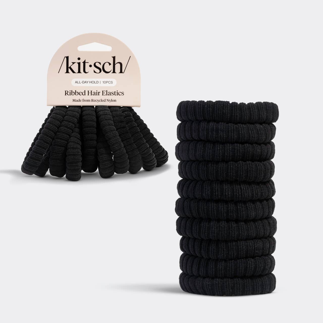 Kitsch Recycled Fabric Ribbed Hair Elastics 10pc Set - Black