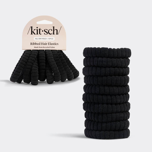 Kitsch Recycled Fabric Ribbed Hair Elastics 10pc Set - Black