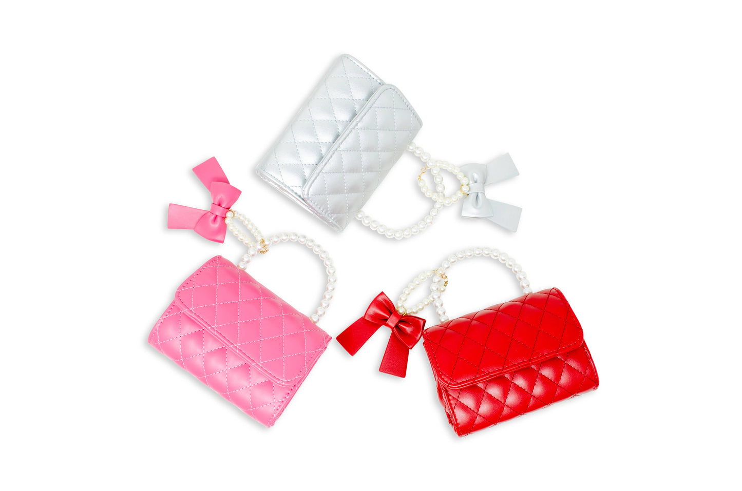 Quilted Pearl Handle Bow Ribbon Handbag | Red