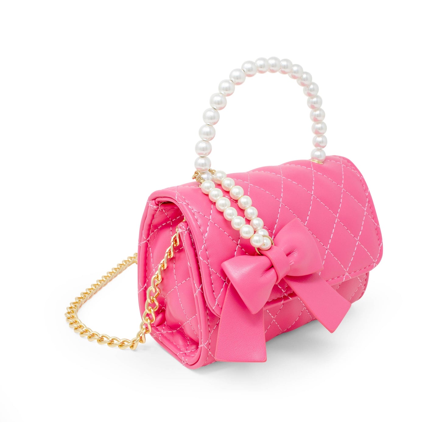 Quilted Pearl Handle Bow Ribbon Handbag | Hot Pink